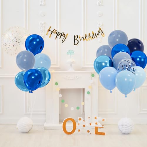 Image of 100pcs Blue Balloons Set - 12inch Metallic Chrome, Pearl, Navy & Pastel Royal Dusty Blue Balloons for Birthdays, Father's Day, 2026 Graduation Party Decorations (2 Ribbons)