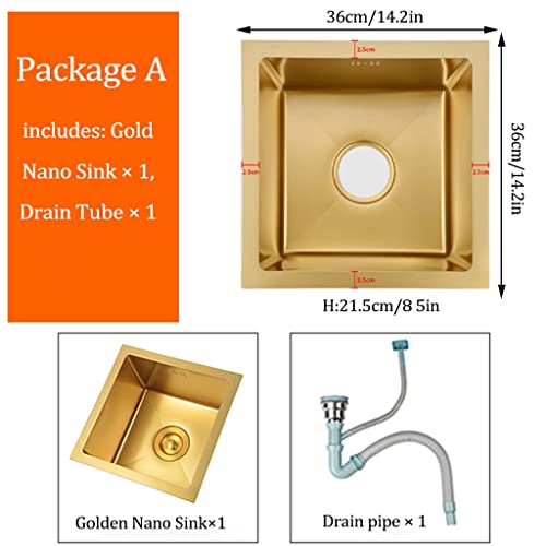 Fregadero de cocina una sola ranura de acero inoxidable cuadrado dorado con tubo de drenaje 36x36cm 7