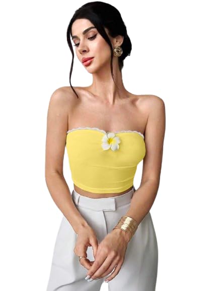 Solid Sweetheart Neck Tops for Woman with Lace Detailing and Flower On The Front || Crop top for Women Stylish Western