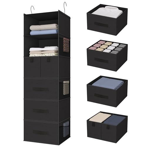 Image of Bosuelife 6-Shelves Hanging Closet Organizer with 5 Different Drawers, Foldable Closet Organizers and Storage for Wardrobe, Closet& RV, Clothes and Accessories Storage, Non-Woven Fabric, Black
