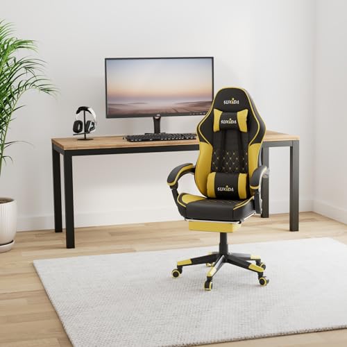 SUKIDA Yellow Gaming Chair Massage - Gamer Chair Adult Gamers Choice Size Cool Big People, PC Video Game Ergonomic Gamingchair with Footrest, Racing Office Computer Reclining Comfortable Recliner - Image 3