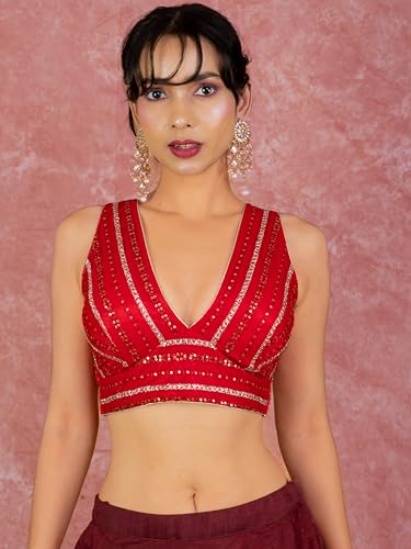 Image of FIGURE'S DESIGNER Women's Sequin Embroidered SabyaSachi Cut V Neck Sleeveless Readymade Saree Blouse E24