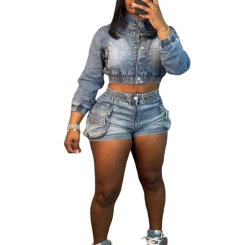 Molilove Women's Denim 2 Piece Outfits Summer Casual Crop Jacket High Waist Shorts Set Trendy 2025 Matching Jean Lounge Set