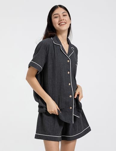 Image of Womens Muslin Pajama Set 100% Cotton Double Gauze Linen Like | Breathable Soft Comfort Button Up Loungewear Sleepwear PJ Set