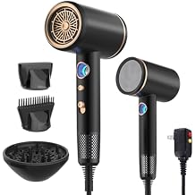 Fast-Drying Ionic Hair Dryer,1875 Watt High-Speed Ionic Blow Dryer with Diffuser/Concentrator/Comb Nozzle,LED Temp Display,Intelligent Temp Control,Low Noise for Home Salon Travel Black