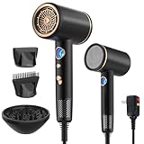 Fast-Drying Ionic Hair Dryer,1875 Watt High-Speed Ionic Blow Dryer with Diffuser/Concentrator/Comb Nozzle,LED Temp Display,Intelligent Temp Control,Low Noise for Home Salon Travel (Black)