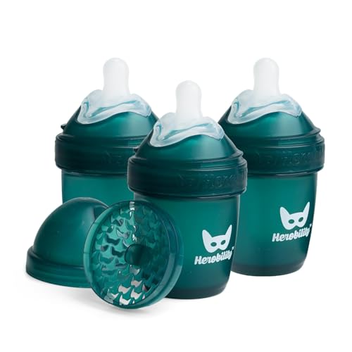 Image of Herobility Anti-Colic Baby Bottles 5 fl oz /140 ml – Pack of 3 Newborn Baby Bottles, Slow Flow Plastic Bottles, Breast-Shaped Teat for Breastfed Babies, Small Baby Bottles, Swedish Design, Dark Green