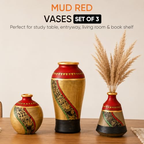 Image of Aakriti Art Creations Mud Red Earthen Miniature Vases with Madhubani Art Set of 3 | Hand-Painted Terracotta Flower Vases | Matte Finish Decorative Vases for Living Room, Table Decor & Gifting