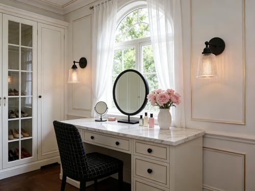 Image of 1-Light Indoor Glass Wall Sconce with Clear Ripple Shade, Vanity Hardwired Wall Mounted Vintage Industrial Fixture Lights for Bathroom Bedroom Kitchen Living Room(Black)