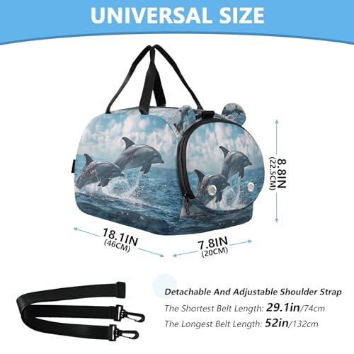 YETTASBIN Sport Travel Duffel Bag for Girls Boys, Dolphin Large Waterproof Weekender Overnight Bag, Detachable Shoulder Strap Gym Bag with Shoe Compartment & Wet Pocket3