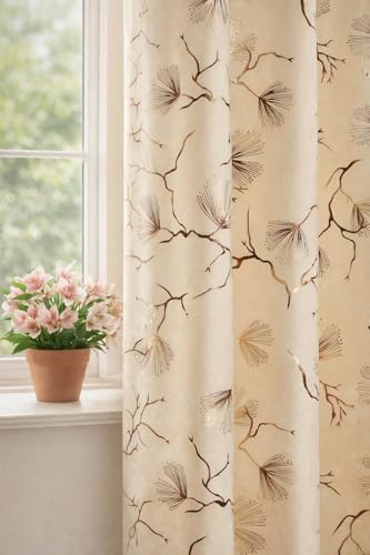Image of Devsang Golden Foil 7 Feet Window Velvet Curtains Pack of 1, Cream