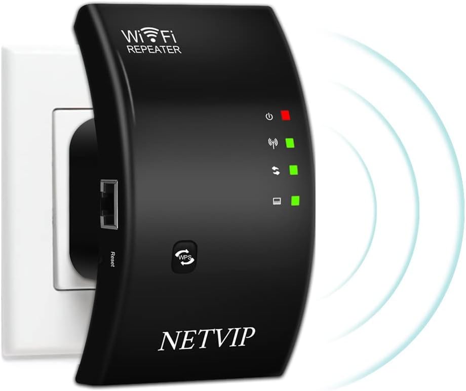 NETVIP N300 WiFi Extender plugged into a wall outlet, showing signal indicators