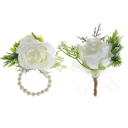 NuFlySic 2PCS Rose Wrist Flower Corsage Boutonniere Set Bridal Corsage Bracelet Bridesmaid Pearl Leaf Wrist Flower for Wedding Party Prom Homecoming Girl Hand Flower Decoration