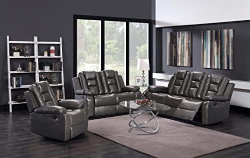 Liveasy Furniture 2-PC Faux Leather Reclining Sofa and Loveseat Living Room Set in Charcoal Grey, Sofa Loveseat Chair Pillow Top Backrest and Armrests (Sofa+LOVESEAT)