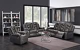 Liveasy Furniture 2-PC Faux Leather Reclining Sofa and Loveseat Living Room Set in Charcoal Grey, So