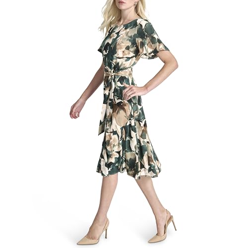 Image of DKNY Women's Flutter Sleeve Round Neck Waist Tie Midi Dress