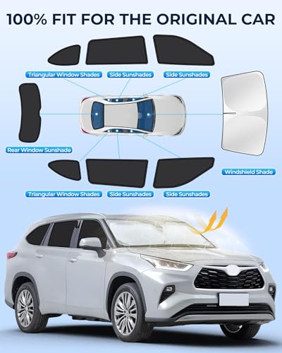 Image of for Toyota Highlander 2020-2025 Car Window Shades, 8pcs Privacy Sun Shade Set for Front Windshield Side and Rear Windows, Full Window Covers Keeps Vehicle Cool for Camping Napping