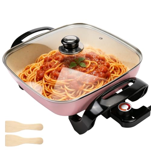 I-Keukenn 12 Ceramic Nonstick Electric Skillet with Tempered Vented Glass Lid Scratch-Resistant Surface Cool-Touch Handles Removable Easy-to-Clean 120V 1200W 60Hz Pink