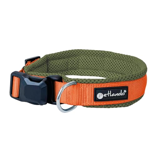 Petlando Hundehalsband Magnetech – Innovative Magnetschnalle, stufenlos verstellbar, Mesh, atmungsaktiv – Olive/orange, Größe XS 35-40cm, 2,5cm breit, kleine Hunde