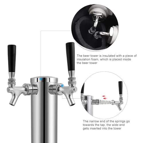 Dbgogo Kegerator Tower Double Tap Beer Tower Dual Faucet Beer Tower Stainless Steel 3\'\' Flange Beer Tower Dispenser Beer Tap Kegerator Parts with Pre-Assembled Tubing and Self-Closing Springs - Thumbnail 5