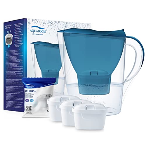 Aqualogis Harmony 2.6L Fridge Water Filter Jug for Reduction of Microplastics, Scale, Chlorine, Taste and Odor, BPA Free, (Replacement Filter Model: Pure+) (Blue + 3 Cartridges)