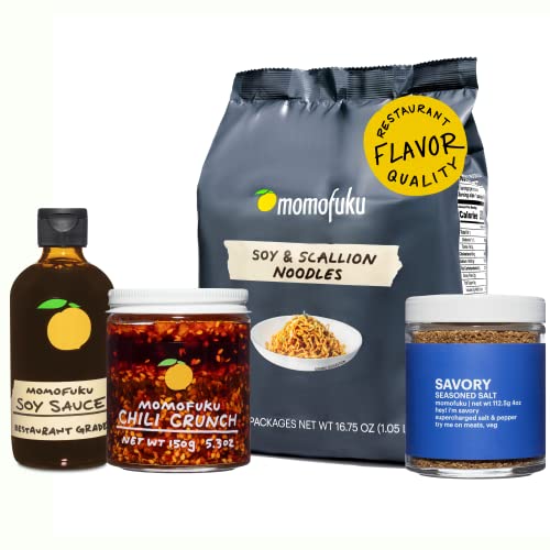 Momofuku Original Starter Pack by David Chang, With Original Chili Crunch, Soy & Scallion Ramen, Soy Sauce, & Savory Salt, Seasoning Gift for Foodies