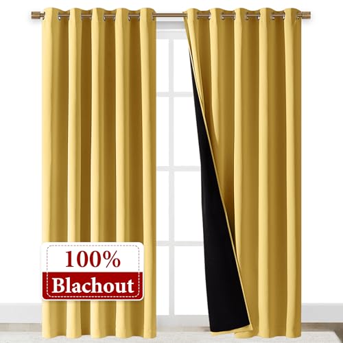 Image of NICETOWN Total Shade Curtains and Draperies, Heavy-Duty Full Light Shading Drapes with Black Liner Backing for Villa /Hall /Dorm Window(Bright Yellow, Package of 2, 70 inches Wide x 95 inches Long)