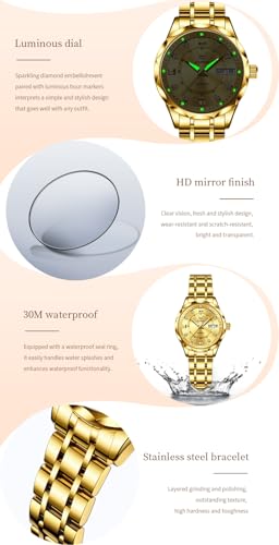Image of OLEVS Womens Diamond Watches Automatic Mechanical Gold Luxury Dress Ladies Self Winding Original Stainless Steel Wrist Watch