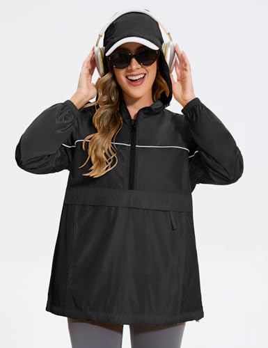 Avoogue Raincoat Women Reflective Waterproof Rain Jackets Half Zipper Packable Outdoor Hooded Windbreaker Lined Jacket4