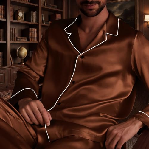 Image of Lonxu Pajamas Set Mens Silk Satin Pajamas Long Sleeve Loungewear Two-Piece Sleepwear Button-Down Pj Set S-XXXXL