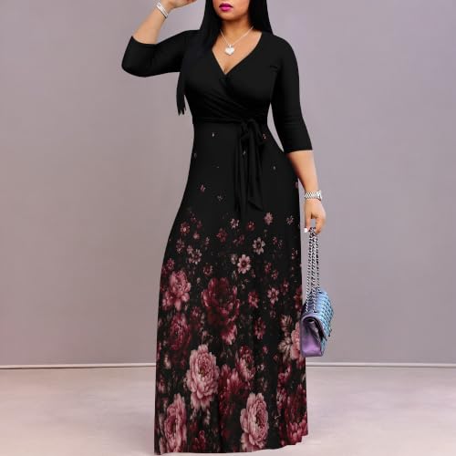 Image of Plus Size Maxi Dresses for Women V Neck 3 /4 Sleeve Wrap Dress