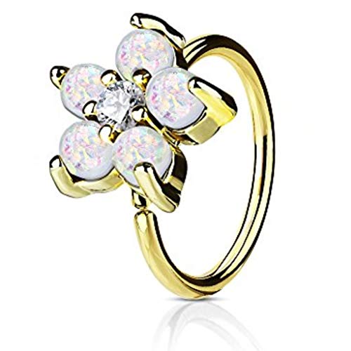 Inspiration Dezigns 20G Gold IP Synthetic Opal Flower Petals Hoop Nose/Ear Ring (Sold Individually) (White)