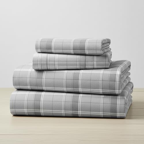Mellanni Flannel Bed Sheet Set - 4 Piece Luxury 100% Heavyweight 180GSM Cotton - Cozy Soft & Breathable - Deep Pockets with All-Around Elastic - Warm & Comfortable (California King Light Gray Plaid)