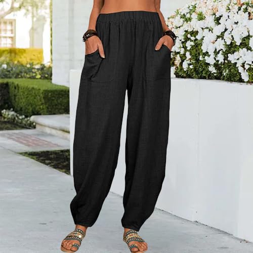 Womens Casual Pants Yoga Active Cotton Linen Elastic Waist Loose Fit Wide Leg Lightweight Workout Pants with Pockets2