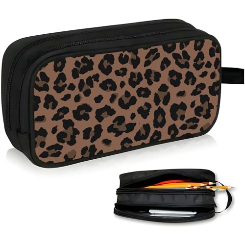 Image of WOBAGMEN Double Layer Pencil Case with Handle Large Pencil Bag Cute Print Pencil Pouch for Boys Girls (Brown Leopard)