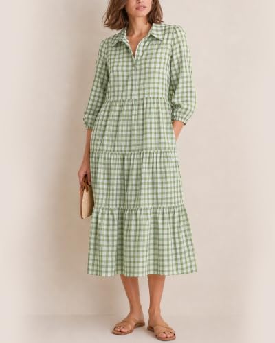 Image of Women Button Down Maxi Shirt Dress Long Sleeve Flowy Tiered Collared Dresses with Pockets