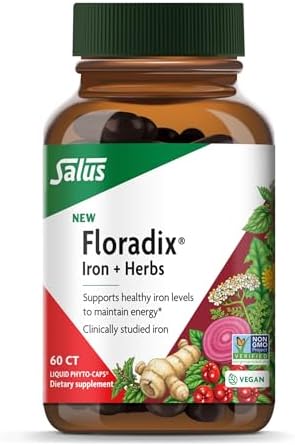 Floradix Iron + Herbs - Iron Supplement for Healthy Energy Support - Vegan, Non-GMO, Gluten-Free, Soy-Free - 60 Liquid Phyto-Caps
