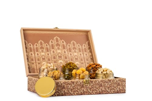 Image of Browntree Dry Fruit Gift Hamper - Mahal -6P - 950g | Almonds, Cashewnuts, Raisins, Salted Pistachios, Walnut Kernels & Apricots | Premium Wooden Box with Glass Jars | Festive Luxury | Ideal gift box for all celebration| Corporate Gifts | Premium Dry Fruit Gift Hamper