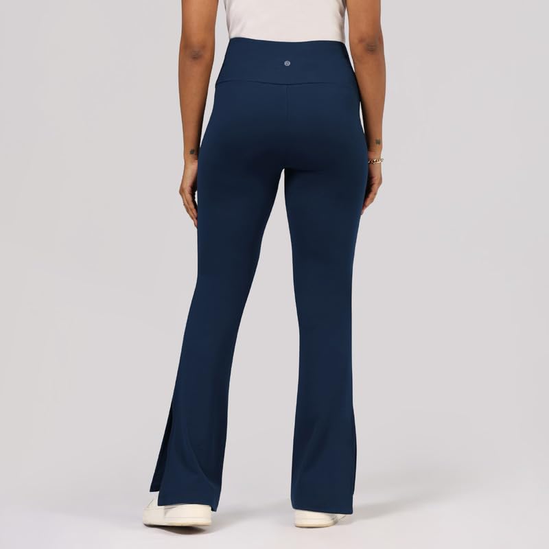 Image of BlissClub Women's Comfort Fit Mid Rise Ultimate Slit Flare Pants - Lite Tall |Above 5'5 | Stylish Slits | Stretchy | Comfortable | Back Pocket