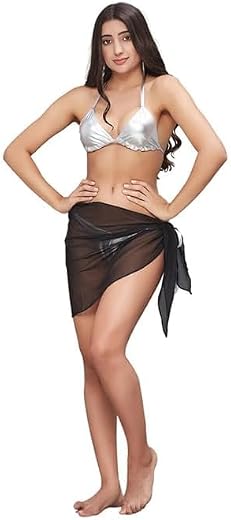 DADDY COME Women's Metallic Gold,Silver Bikini Set with Black Sheer Cover Up, 2 Piece Beachwear