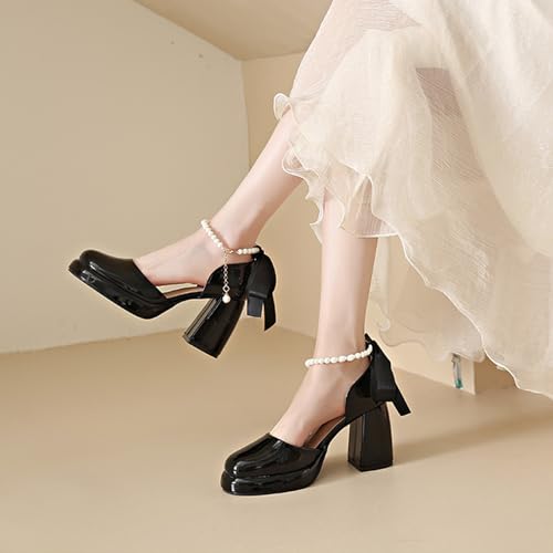 Women's Platform Chunky Heels Closed Round Toe Pumps with Bow Pearl Ankle Strap Fashion Sexy Party Banquet Dress Pumps4