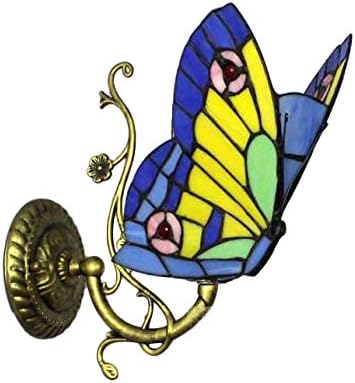 LITFAD Butterfly LED Wall Lamp Tiffany Style Wall Sconce Lighting Decorative Wall Mount Light Stained Glass in Antique Brass for Children Room Dining Room Restaurant Hotel - Yellow