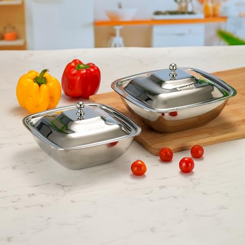 Image of Sumeet Stainless Steel Square Serving Bowl /Curry Bowl /Gravy Pot with lid, 900ml & 1250ml capacity, 17cm & 18.8cm Dia, Set of 2 Pcs, Silver