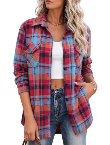 Image of Zeagoo Flannel Shirt Women Plaid Button Down Shackets Long Sleeve Fall Tops | Cotton Brushed Flannel Shirts Lightweight Loose Fit Blouse Business Casual Office Outfits 2026 Fashion Summer Western Clothes