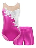 iEFiEL Mädchen Einhörner Turnanzug Glänzend Gymnastik Kleidung Set Muster Ballett Trikot Tanz Kostüme mit Überkreuzte Träger W Rose 134-140