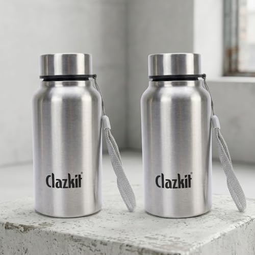 Image of Clazkit Stainless Steel Water Bottle, 500 ml - Single-Walled, Spill-Proof, Food Grade Steel | Fridge, Office, School, Travel, Gym, Car (Silver) Pack Of 2