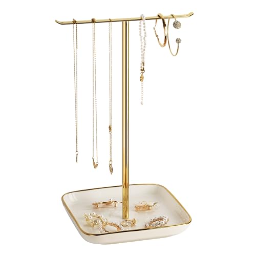 Schmuckständer mit Keramikbasis – Schmuckhalter & Schmuckaufbewahrung, T-förmiger Kettenhalter Schmuckbaum, Schmuck Organizer & Kettenständer Schmuck, Jewelry Stand Organizer für Frauen in Gold & Weiß