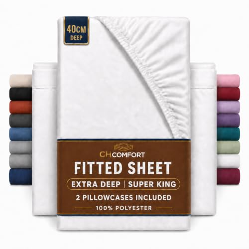 Image of CHCOMFORT Extra Deep Super King Fitted Sheet with 2 Pillowcases - White Microfiber, All-Around Elastic 40cm depth, Wrinkle-Free, Fade Resistant - Suitable for All! (White, Super King)