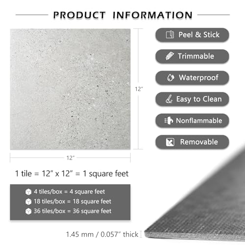 LaCheery Grey Slate Peel and Stick Floor Tiles for Bathroom Waterproof Peel and Stick Floor Tile Gray 12\"x12\" Self Adhesive Vinyl Floor Tiles Peel and Stick on Flooring for Bedroom Kitchen Floor 4-PCS