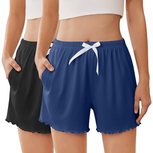 Image of Ekouaer 2 Pack Womens Pajama Shorts 2026 Summer Casual Lounge Sleep Short Ruffle Soft Comfy Pj Bottoms with Pockets